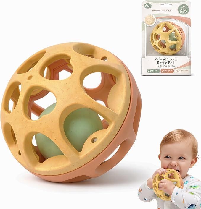 Sensory Rattle Balls, Textured Teething Sensory Toy for Babies 6-12M | BPA-Free Wheat Straw, Bright Colors, Shake-to-Rattle Sound, Cause & Effect Play, Lightweight Baby Gift, Yellow