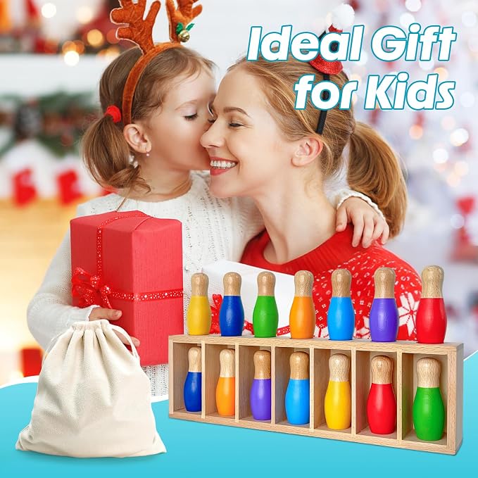pamexin Family Games for Kids, Wooden Bowling Color Matching Game with 7 Bright Pins and Storage Bag, Family Board Games Party Birthday Gift, Fun Party Game for Boys Girls