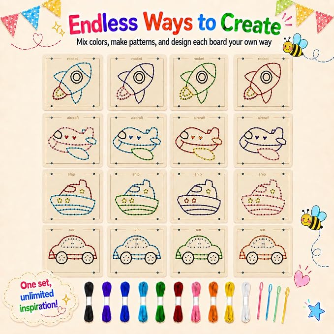 Montessori Wooden Lacing Toys for Toddlers and Kids Ages 2-4 5-7, Sewing Kit Fine Motor Skill Busy Board, Education Sensory Preschool Toy for 1 2 3 4 Year Olds, Birthday Gift for Boys and Girls