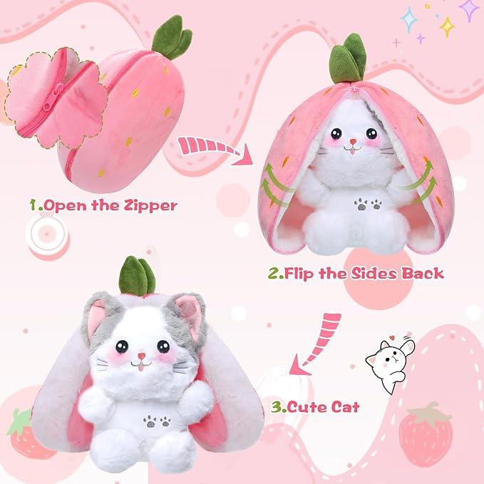MIAODAM Reversible Strawberry Cat Plush, Kawaii Squishy Stuffed Animal Toy | Cute Strawberry Turn Into Cat Plush, Funny Plushies Toy for Kid & Adult (Strawberry Cat, 11.8inch)