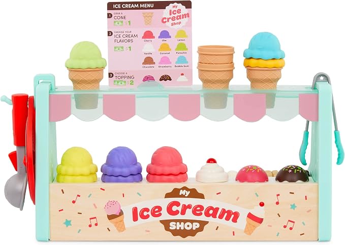 Battat Education – Ice Cream Toys for Kids – Play Ice Cream Set – Ice Cream Stand for Toddlers – Ice Cream Playset – 3 Years + – My Ice Cream Shop (60 Pcs) | Educational ice cream stand with scoops, cones, play cards, money, menu, game wheel, and guide...