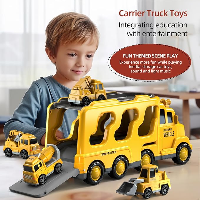 Beby Buty 5 in 1 Construction Trucks Cars Toys for Toddlers 3-5 | Boy Toddler Car Truck Toys with Light Sound, Includes Crane, Mixer, Bulldozer & Excavator, Birthday Gifts for 3 4 5 Year Boys