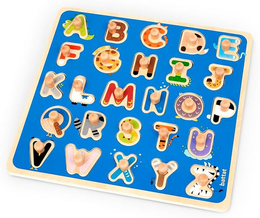 Battat Wooden ABC Peg Puzzle, Critter Alphabet Learning Toy, Alphabets | 27-piece wooden alphabet puzzle with 1 board and 26 letter pegs, colorful critter matching play, fine motor, 2+ Years