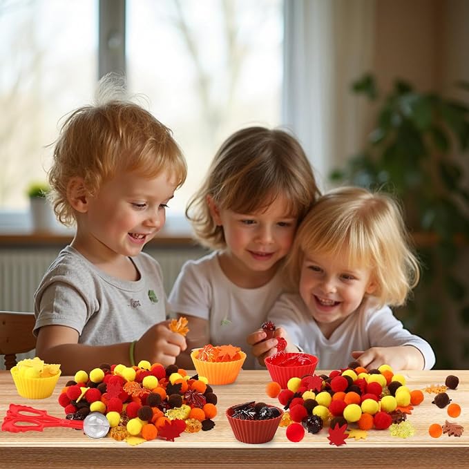 241 Pcs Fall Sensory Bin Fillers Fall Sensory Bin Items Fall Thanksgiving | Fine Motor Toys Counting Sorting Set,Felt Leaves,Acrylic Pumpkins,Pom Poms Sorting Cups,Tweezers for Preschool Education Acti