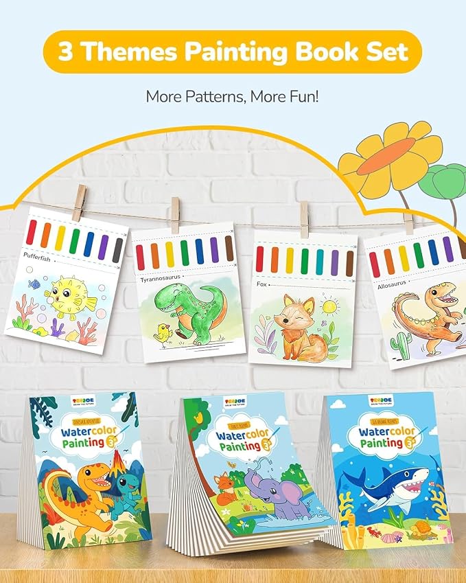 TECJOE 3 Pack Paint with Water Coloring Books for Toddlers, Mess Free Watercolor Painting Set with 6 Brushes, Travel Art Craft Activities Toys Birthday Gifts for Kids Ages 3-8, Dinosaurs, Forest & Sea | Thick Watercolor Paper With 6 Brushes, Mess Free ...