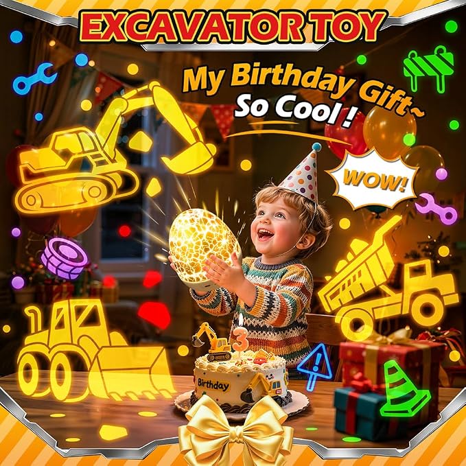 Excavator Construction Toy Projector, 15 Sounds & 6 Films Truck Night Light | Excavator Toys for 4 year old Boys, White Noise Dinosaur Egg Night Light for Kids Room Decor,31 Color Remote Timer Brightness