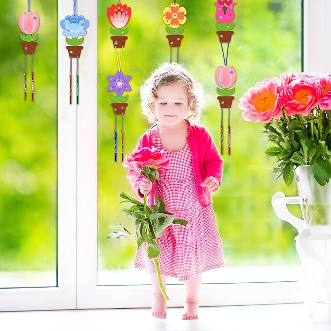 Fennoral 12 Pack Flower Wind Chime Craft for Kids Make You Own Flower Wind Chimes Ornaments DIY Coloring Wooden Art and Craft for Summer Classroom Art Activities Birthday Decorations