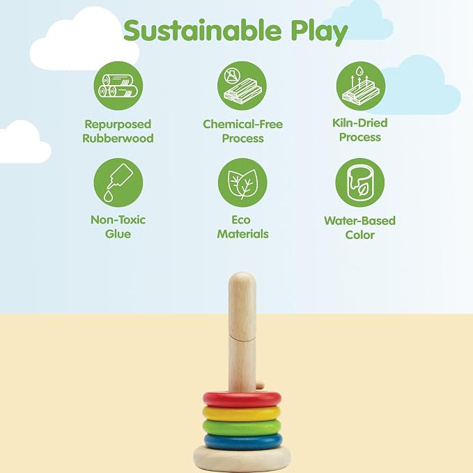 PlanToys® Twist & Sort Wooden Stacking Toy for Toddlers Ages 2+ Montessori | twistable rod colorful rings, wooden twist sort stacker, montessori fine motor toy, ages 2+ educational puzzle, toddlers kids