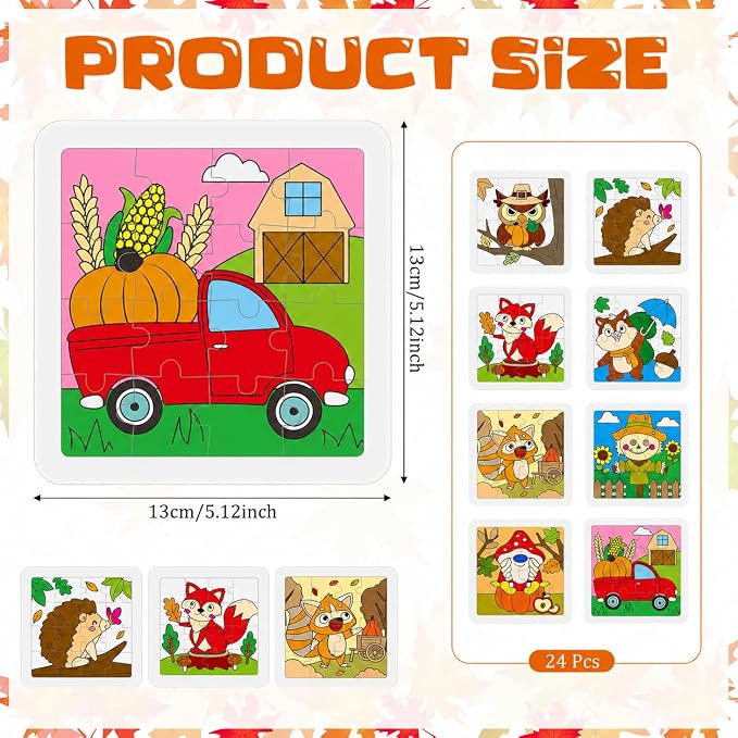 Cinrobiye 24 Set Fall Coloring Jigsaw Craft Kit for Kids, DIY Autumn Activity Set Bulk with Pumpkin Leaf Turkey Owl Designs, Thanksgiving Party Favors, Classroom Art Projects