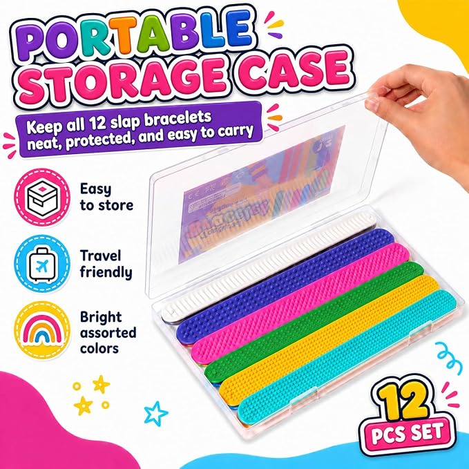 KLT Silicone Slap Bracelets 12 Pack with 6 Textures | Reusable storage boxes, quiet wearable fidgets, classroom rewards, office desk toys, travel activities, party favors