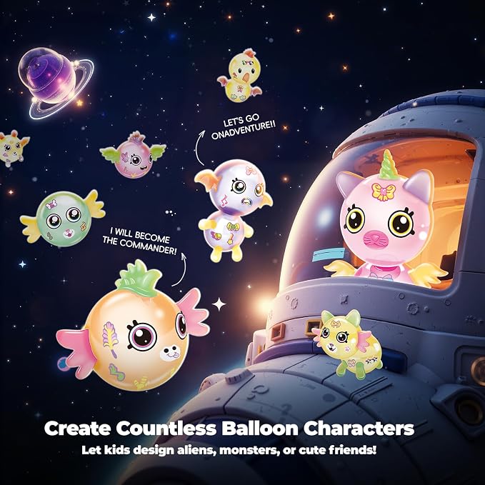 PINSHILE DIY Space Magic Balloon Craft Kit, Sticker Decorated Balloons Toy for Kids, Rocket Air Pump Fun with Balloon Monster Pals, DIY Creative Activity, Birthday Gifts for Girls Boys Ages 3+