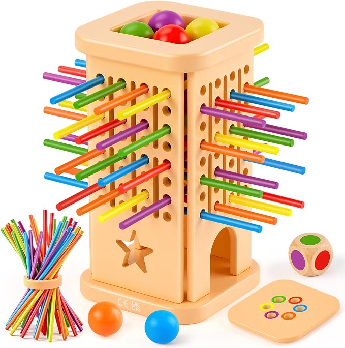 Montessori Board Game for Kids 4-6, Wooden Colorful Sticks Ball Drop Games | Color Matching Educational Toy for 3 4 5 6 Year Olds, Fine Motor Skills, Family Travel Game, Birthday Gift for Boys & Girls