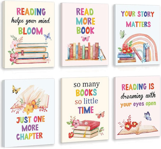 HOURIA 6Pcs Framed Classroom Reading Corner Canvas Wall Art(8"x10"),Inspirational Classroom Library Poster Wall Decor, So Many Books So Little Time Art Print for Nursery Middle School Student
