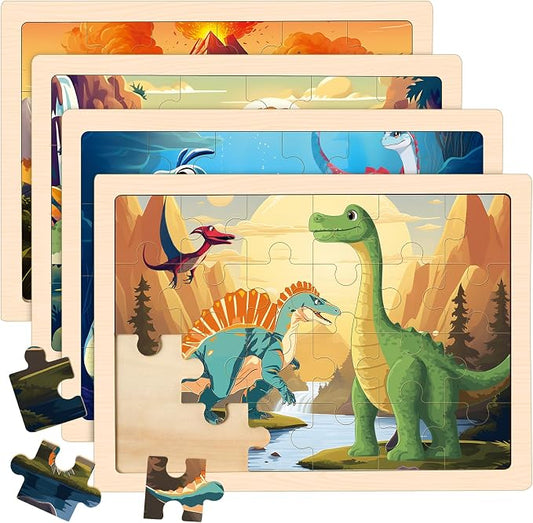 4-Pack Wooden Puzzles for Kids Ages 3-5, 24-Piece Dinosaurs Toddler Set | Toddler Puzzles Ages 3-5, Preschool Puzzles with Wooden Jigsaw Boards for Fine Motor Skills, Shape Recognition and Travel