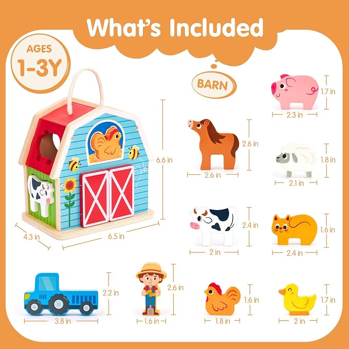 hahaland Wooden Montessori Toys Farm Animals Barn for Toddlers 1-3 | Shape Sorter Sorting & Stacking Learning Toy for 1 2 3 Year Old Boys Girls, Educational Toy Christmas Birthday Gift