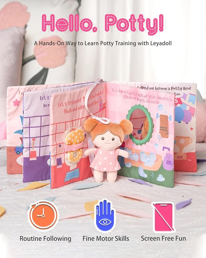 LeyaDoll Montessori Busy Book for Toddlers 1-3, 1 Year Old Girl Gifts | With Interactive Doll for Potty Training, Crinkle Pages, Fine Motor Skills Toys, Keep Toddlers Busy, Pink Gift Box Included
