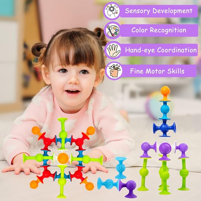 48 Piece Suction Cup Toys Construction Set - Silicone Building Blocks DIY Fun Bath Toys for Kids, Travel Essentials for Toddlers, Stem Bins for Classroom Darts Sucker