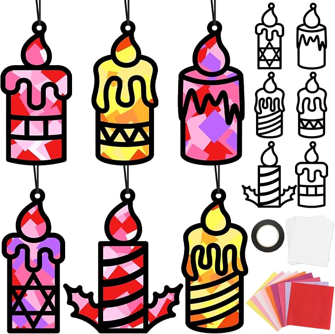 Qyeahkj 36 Set Winter Christmas Candle Suncatchers Crafts Kit Xmas Religion DIY Colorful Window Tissue Paper Craft Christian Holiday Hanging Ornaments Window Art Decor for Christmas Winter Home Gift