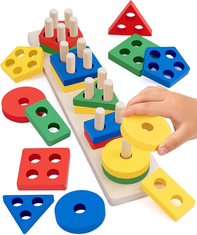 Montessori Toys for 1 2 3 Year Old, Wooden Stacking & Sorting Toy with Geometric Shapes, Educational Learning Toys and Birthday Gifts for Toddlers Boys Girls 1-3