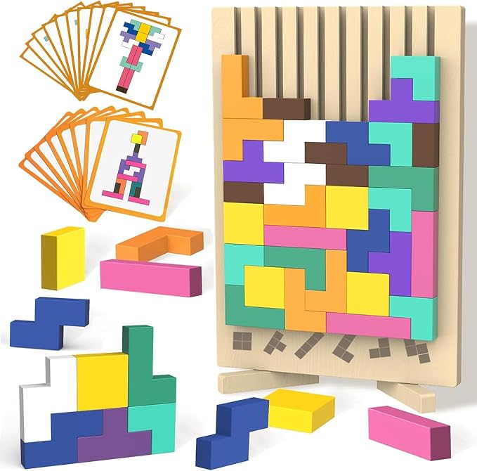 Wooden Block Puzzle Montessori Toys, Colorful Stacking Game Brain Teaser Puzzles for Toddlers and Kids with 20 Cards, Educational Wooden Toy Gifts for 3 4 5 6 7 8 Year Old Boys and Girls