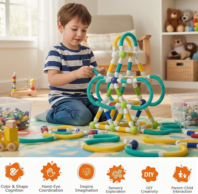 85PCS Extendable Magnetic Toy Montessori Toys for Boys & Girls | Toy Magnetic Building Sets,STEM Education Building Blocks,Pop Tubes & Balls,Sensory Toys,3+ Year Old Toddlers