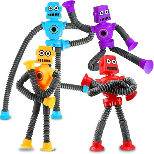 Robot Sensory Travel Roadtrip Toys 4Pcs for Toddlers Kid Boy Year Old Ages 3 4 5 6 7 8 9,Airplane Activities Suction Autism Pop Tube Fidget Toys Autistic Stocking Easter Basket Stuffer Valentine Gift