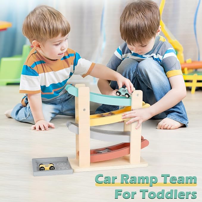 Vanplay Montessori Toys for 1 2 Year Old Boy Gifts - One 1st Birthday Gift | 4 Level Wooden Car Ramp Toy with 4 Mini Cars, All Wood, Fully Assembled, Race Track Car Truck Toys for Toddlers 1-3-2-4