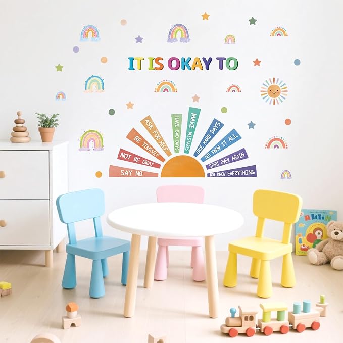 LHIUEM Positive Self-Affirmations Wall Decals Cute Mental Health Wall Decor | It Is Okay To Wall Stickers Colorful Sun Rainbow Window Clings Positive Psychology Quotes Decor for Kids Nursery Bedroom