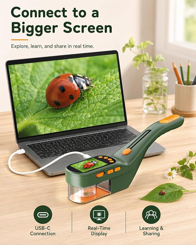 Ashfly Bug Catcher Kit for Kids, Handheld Microscope for Kids with Screen | No-touch catching with clear chamber, manual focus, photo/video and USB-C PC viewing for close-up insect observation