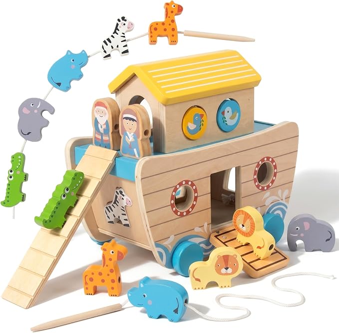 WOODENFUN Wooden Noah's Ark Toy for Toddlers, Baptism Christening Gift | Montessori Educational Toy, Animal Shape Sorter, Christian Toys, Birthday Gift for Boys Girls 3 Years Old