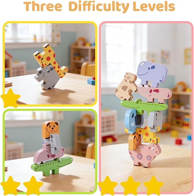 Montessori Toys, 10 PCS Wooden Animal Blocks Baby Stacking Set | Preschool Educational Learning Puzzles, Sensory Sorting Toys for 0 1 2 3 4 Year Old Kids Toddlers Girl Boy, Birthday Gift