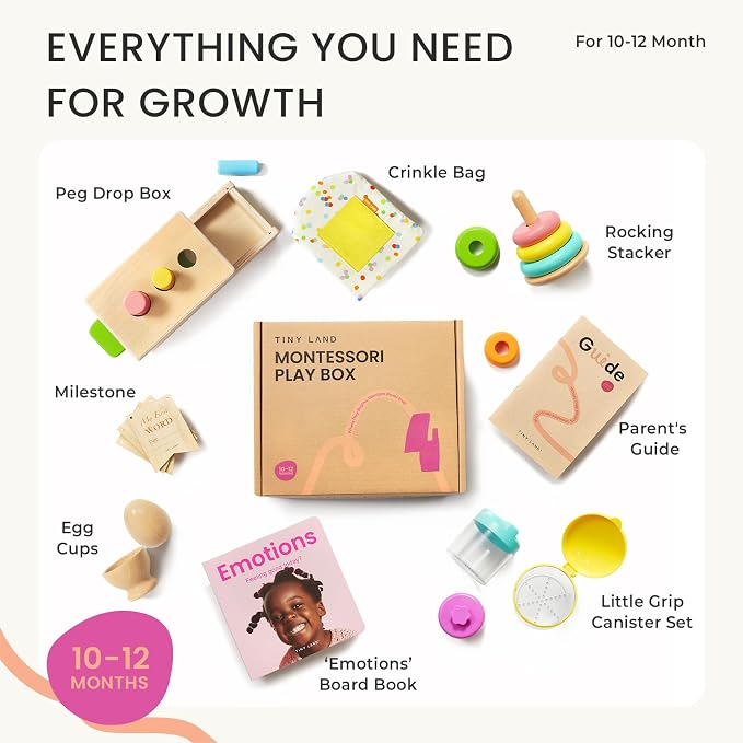 Tiny Land Montessori Toy Set for Babies 1 Year Old Thinker Play Kit- 5-in-1 Wooden Learning Toys with Peg Drop Box, Rocking Stacker, Egg Cup, Canister Set, and Crinkle Bag | Peg drop box, rocking stacker, egg cup, canister set, crinkle bag, wooden lear...