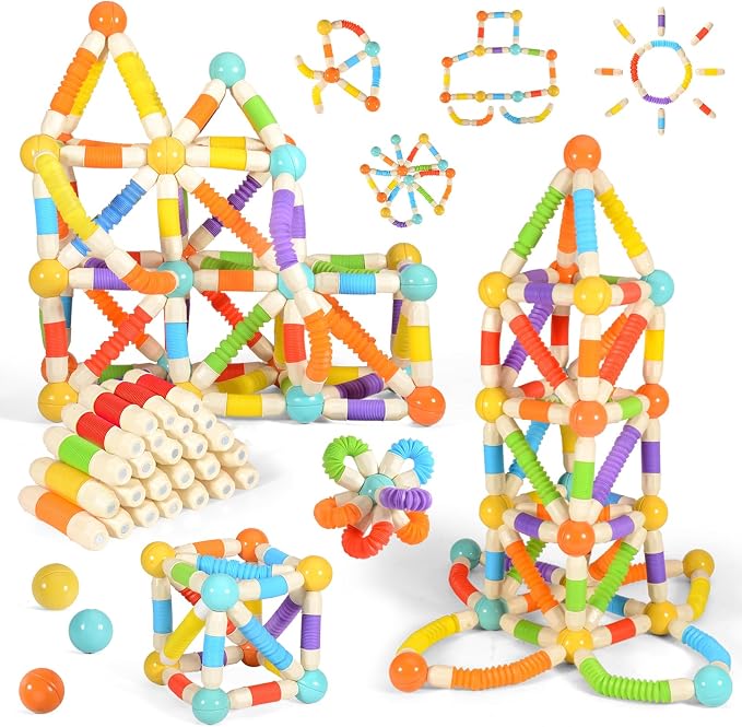 58PCS Extendable Magnetic Building Sticks STEM Montessori Toy Set Ages 3-7 | Non-toxic ABS Sealed Magnets. Extendable Bendable Sticks & Balls 3D Construction. Parent-Child Play Parties School Kids Gift