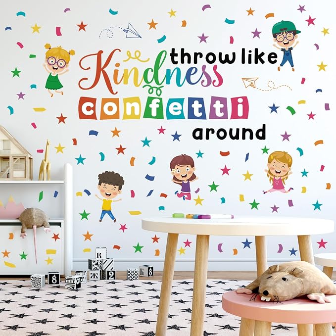 LHIUEM Big Throw Kindness Around Like Confetti Wall Decals Spread Kindness Bulletin Board Decorations Kit,Large Kindness Inspirational Quote Mural,Colorful Confetti for School Kids Classroom Playroom