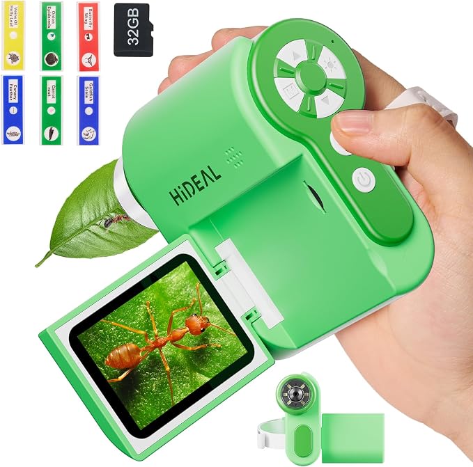 Hideal HP20 IPS Microscope for Kids: [3-in-1] [Easy and Fun] 2" Portable Handheld Microscope Miniscope, Pocket Mini Scope Educational Science Kit, Christmas Birthday Gifts for Kids, 32GB, Green