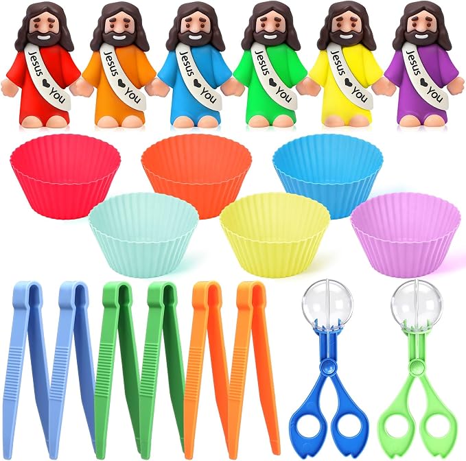 74 Pcs Counting Sorting Toys Fine Motor Skills Handy Scooper Set Sensory Bin Fillers Includes 60 Little Jesus Figures 6 Tweezers 2 Scissors Clips and 6 Colorful Cups for Early Education