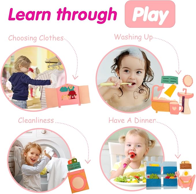 Daily Life of Girls Busy Book for Toddlers,Montessori Busy Books,Preschool Felt Busy Quiet Book Learning Life Skills,House Pretend Play Dress UP Game,Montessori Toys for 3 4 5 Years Autism Sensory
