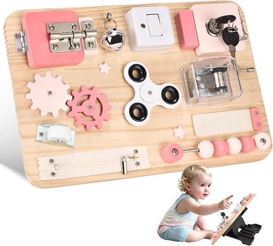 Potatomato Pink Montessori Wooden Busy Board – Sensory Toy for Toddlers – Educational Activity Board for Kids Fine Motor Skills– Travel Fidget Toy for Girls & Boys – Birthday Gift for Autism & ADHD