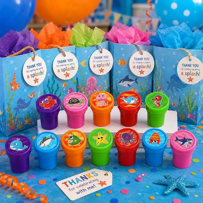 Cinrobiye 24 Pcs Ocean Animal Stampers Party Favor Set, Cute Sea Life Stamps for Kids Birthday Party, Classroom Rewards, Carnival Prizes, Goody Bag Fillers, Under the Sea Party Supplies