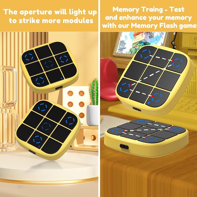 KOQQQ Rechargeable Tic-Tac-Toe Bolt Game, Upgraded 4-in-1 Handheld Puzzle Console, Electronic Educational Memory Game, Portable Travel Car Ride Board Games for Kids Adults (Yellow)