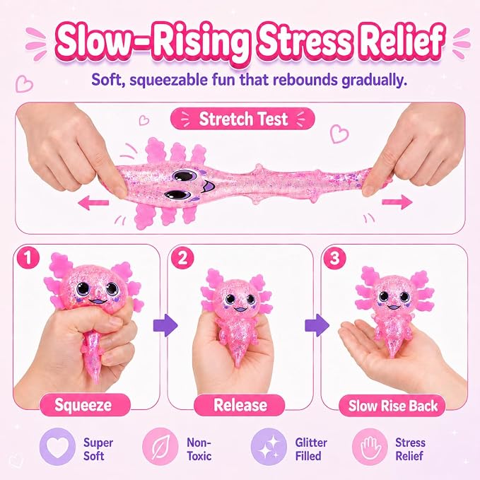 Axolotl Squishy Stress Ball, Soft TPR Slow Rising Squeeze Toy, Cute Axolotl Fidget Toy for Stress Relief, Anxiety Calming Sensory Toy for Kids Adults(Pink BigEars Axolotl)