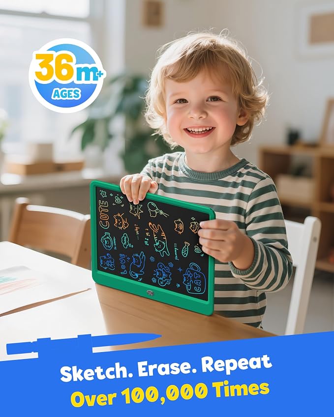 12 Inch LCD Writing Tablet for Kids, Coloring Drawing Pad, Mess Free Doodle Board, Airplane Travel Toys for Boys and Toddlers, Road Trip Essentials, Gifts for 3-8 Year Old Girls(DarkGreen)