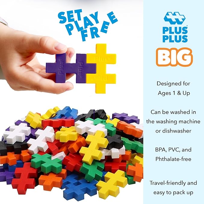 PLUS PLUS Big 100 Piece, Basic Color Mix - Large Blocks for Toddlers | Quiet Stem Toys for Toddlers, Prek Classroom Essentials, Waffle Blocks Jumbo, Stem Bins for Classroom, Sensory Bins