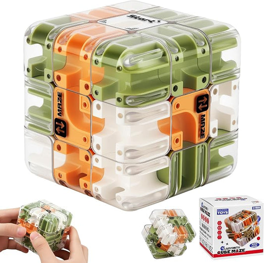 3D Maze Cube Ball Puzzle Brain Teaser for Adults & Kids, Educational Learning Toys Logical Thinking, Family Board Games Tabletop, Durable Puzzle Cube (Green&Brown&White, 2.7x2.7x2.7)