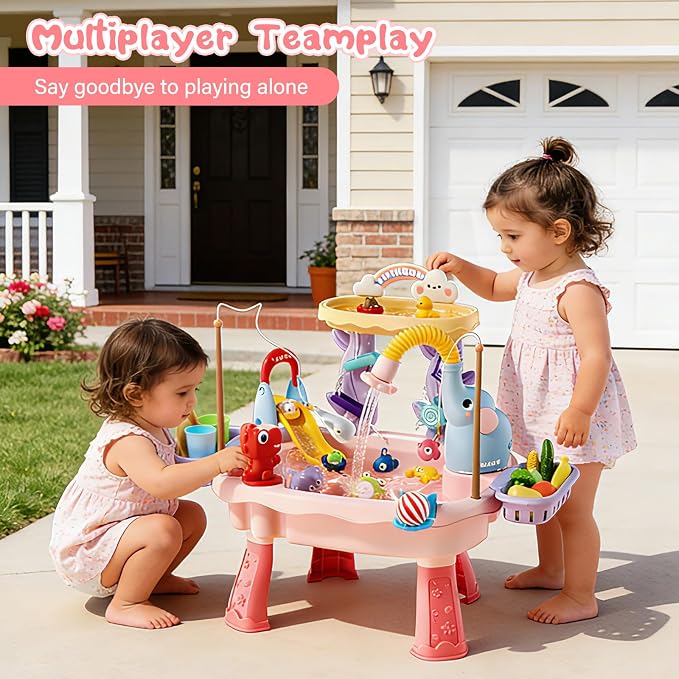 2027 Upgraded 4-in-1 Water Table for Toddlers 2-3, Kids Sensory Table with Electric Water Pump & Faucet, Kitchen Play Sink Toys with Food Accessories, Fishing Toy (NEW Pink)