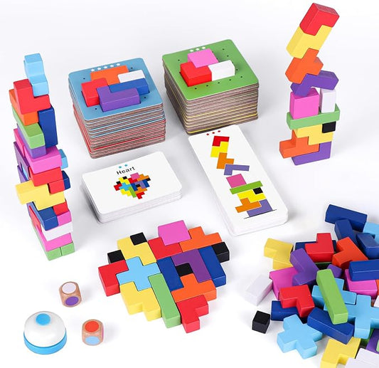 Wooden Block Stacking Games 120Pcs, 1-6 Players, Ages 4+ | 4 More Ways to Play Fast-Paced Building Block Game for Party Game Night, Classroom Challenging Board Games for kids (Blue)