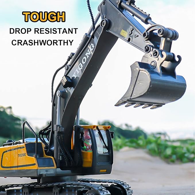Remote Control Excavator 11 Channel RC Excavator Truck Toys 1/20 Scale 2.4Ghz Construction Vehicles with Metal Shovel 680° Rotation for Kids Boys Age 4-7 8 9 10 Year Old (Yellow)