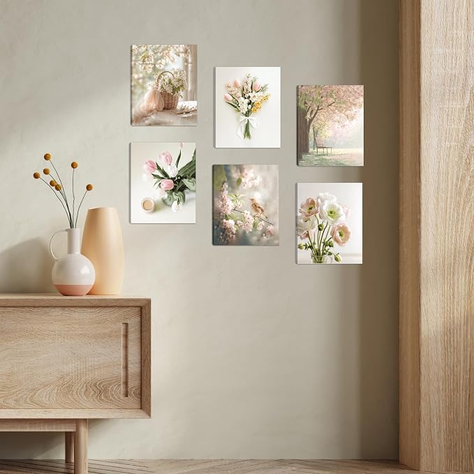 HOURIA 6Pcs Pastel Spring Framed Canvas Wall Art(12”x16”),Pink Tulip Floral Botanical Bird Wall Decor,Spring Decorations for Home Office