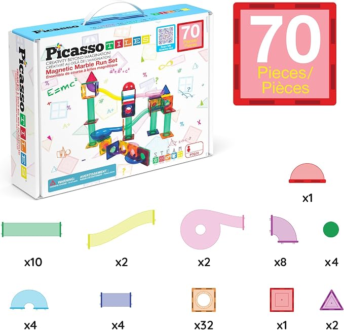 PicassoTiles 70 Piece Marble Run Magnetic Tiles Race Track STEM Ages 3+ | 8 quarter-round turns, 10 long slides, 4 U-turns, 2 funnels & 2 slopes, 4 weighted balls, BPA-free, fine motor & spatial play
