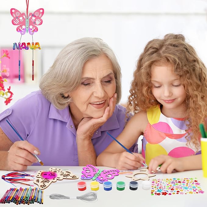 Fennoral 12 Pack Wind Chime Craft Kit for Grandma Make You Own for Nana from Granddaughter Grandson Grandchildren Grandkids Wooden DIY Coloring Mothers Day Art and Craft for Kids